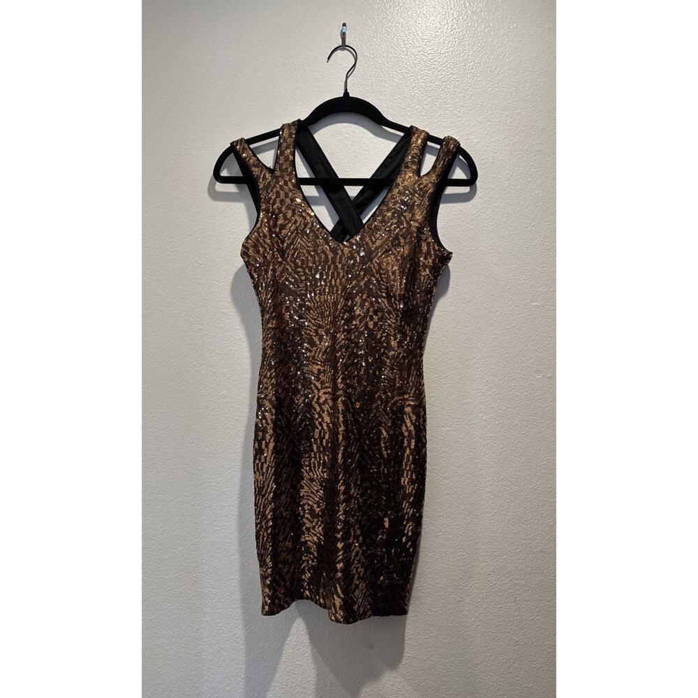 BEBE Size XXS Brown Sequin‎ Sleeveless Mini Dress Glam Strappy Back Sparkle Glam